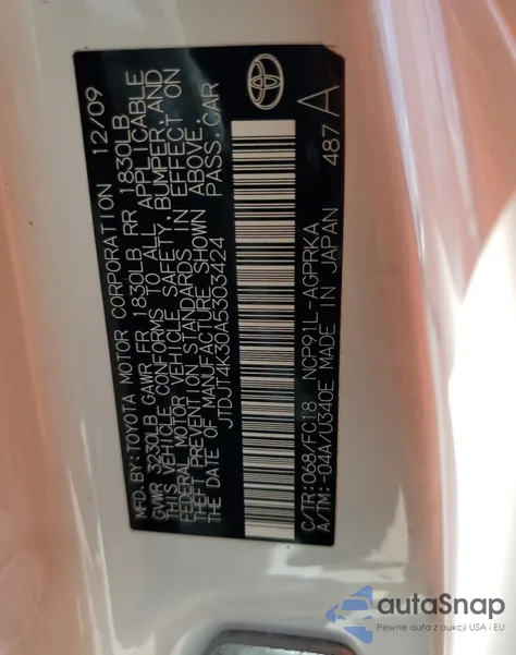 2010 Toyota Yaris z USA, uszkodzony, nr VIN JTDJT4K30A5303424